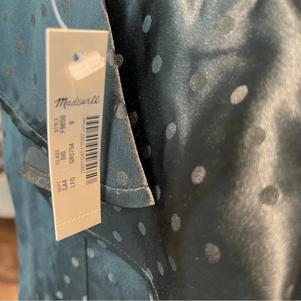 NWT Madewell asymmetrical silk mini dress. Emerald green, Swiss dot print. Sz 0 - Picture 3 of 5